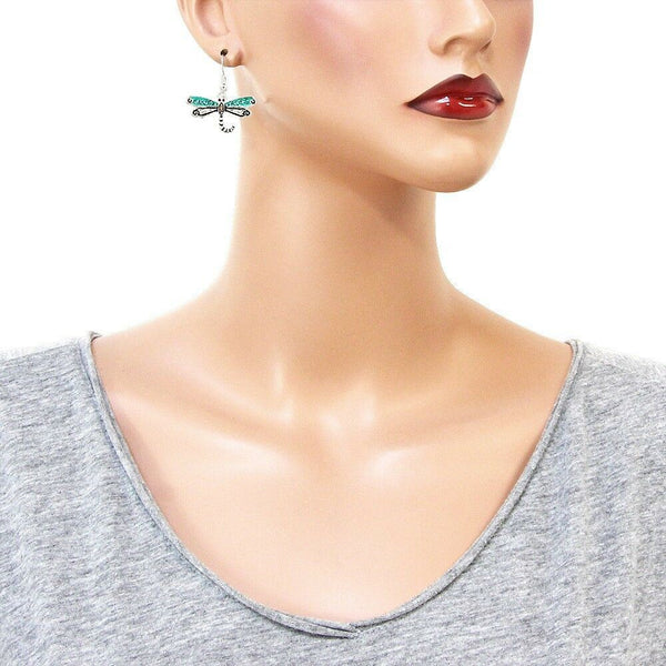 Dragonfly Earrings Enamel Pave Rhinestones Drop Dangle SILVER Turquoise Jewelry - PalmTreeSky