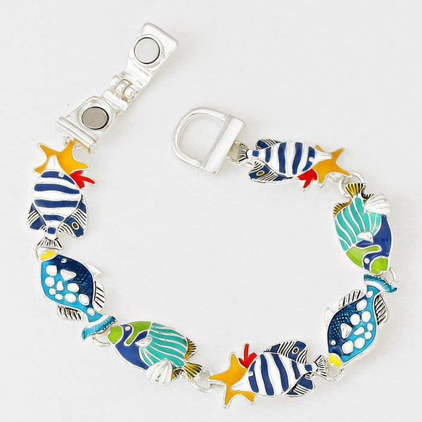 Fish Bracelet Magnetic Clasp Metal Link Beach SeaLife Nautical SILVER MULTI BLUE - PalmTreeSky