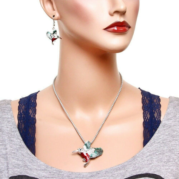 Hummingbird Necklace Earrings Set Pave Rhinestone Bird Fly Red SILVER Jewelry - PalmTreeSky