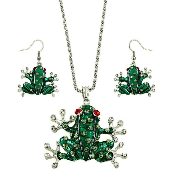 Frog Necklace Pendant Earrings SET Crystal Rhinestones Animal Leap SILVER GREEN - PalmTreeSky