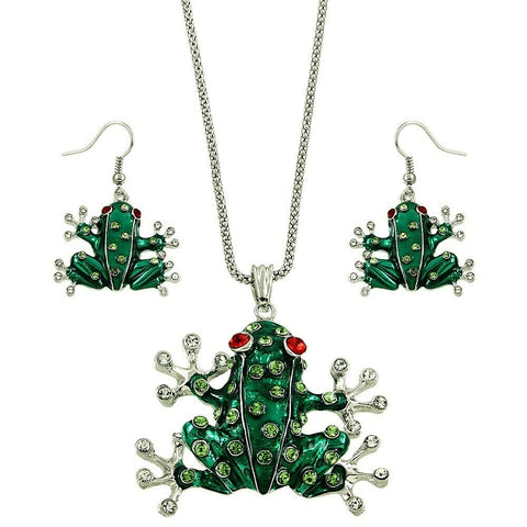 Frog Necklace Pendant Earrings SET Crystal Rhinestones Animal Leap SILVER GREEN - PalmTreeSky