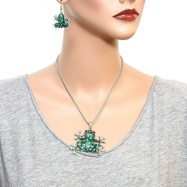 Frog Necklace Pendant Earrings SET Crystal Rhinestones Animal Leap SILVER GREEN - PalmTreeSky