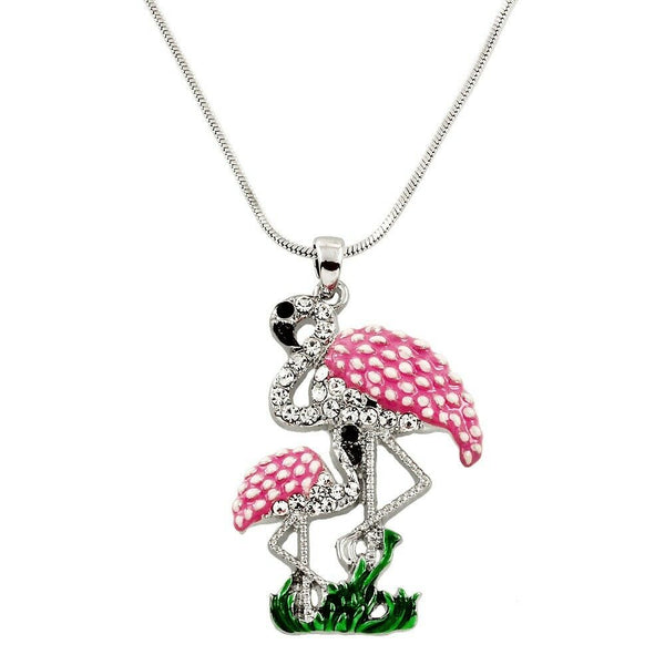 Flamingo Necklace Rhinestone Bird Tropical Mom Baby Beach Florida SILVER PINK - PalmTreeSky