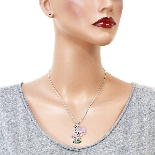 Flamingo Necklace Rhinestone Bird Tropical Mom Baby Beach Florida SILVER PINK - PalmTreeSky