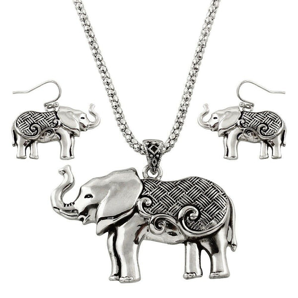 Elephant Necklace Pendant Charm Snake Chain Textured Metal SILVER Plain SET - PalmTreeSky