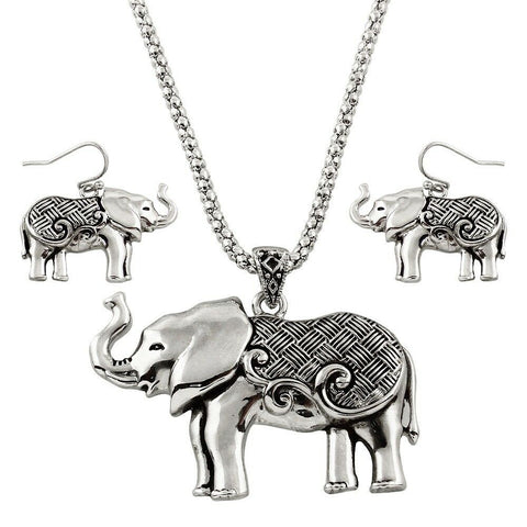Elephant Necklace Pendant Charm Snake Chain Textured Metal SILVER Plain SET - PalmTreeSky