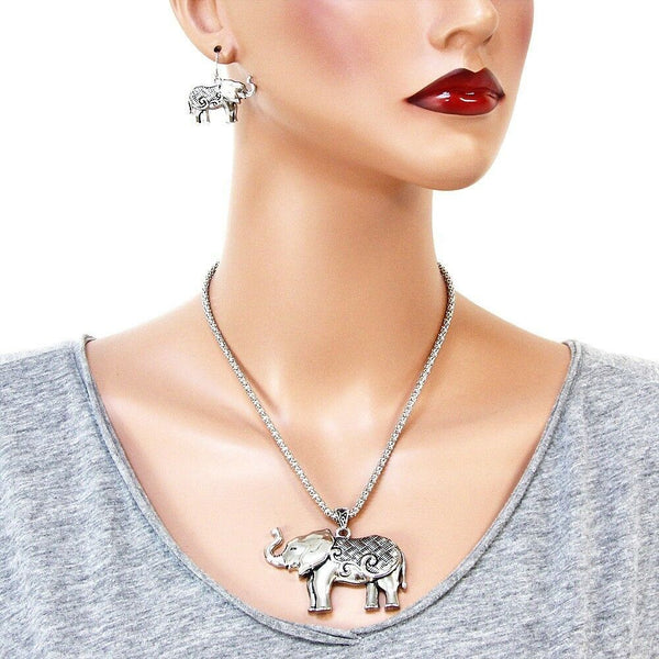 Elephant Necklace Pendant Charm Snake Chain Textured Metal SILVER Plain SET - PalmTreeSky