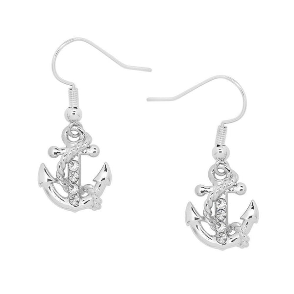 Anchor Earrings Rhinestone Nautical Sailor Beach Drop Hook Sea Life SILVER CLEAR - PalmTreeSky
