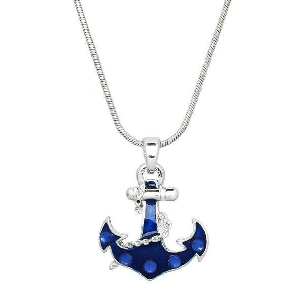 Anchor Necklace Rhinestone Enamel Rope SeaLife Nautical SILVER BLUE Sailor Boat - PalmTreeSky