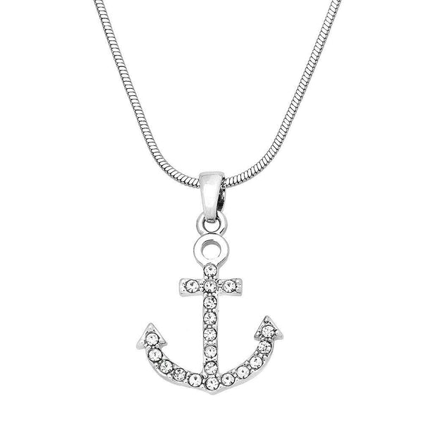Anchor Necklace Small Pave Rhinestone Wave Ocean Sea Life Beach Jewelry SILVER - PalmTreeSky