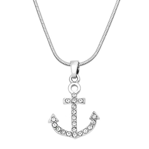 Anchor Necklace Small Pave Rhinestone Wave Ocean Sea Life Beach Jewelry SILVER - PalmTreeSky