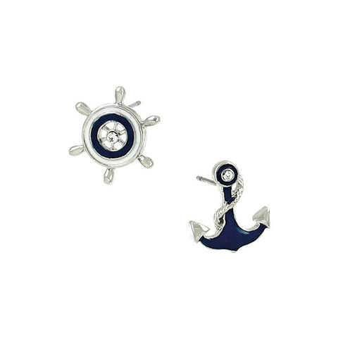 Anchor Earrings Helm Ship Wheel SILVER BLUE WHITE .5" Studs Nautical Jewelry - PalmTreeSky