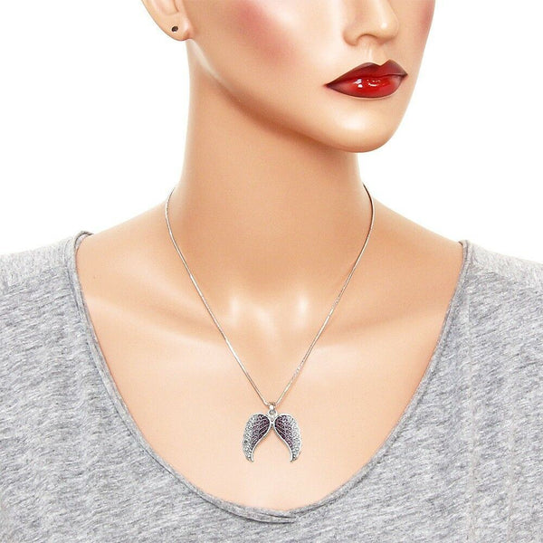 Angel Wing Necklace Pave Rhinestone SILVER PURPLE Pendant Faith Hope Jewelry - PalmTreeSky