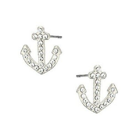 Anchor Earrings Tiny Studs Post 1/2" Pave Rhinestone Nautical Sail Boat SILVER - PalmTreeSky