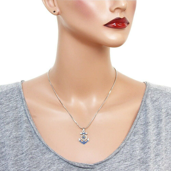 Anchor Necklace Small Pave Rhinestone Helm Sail Boat Nautical Jewelry BLUE - PalmTreeSky