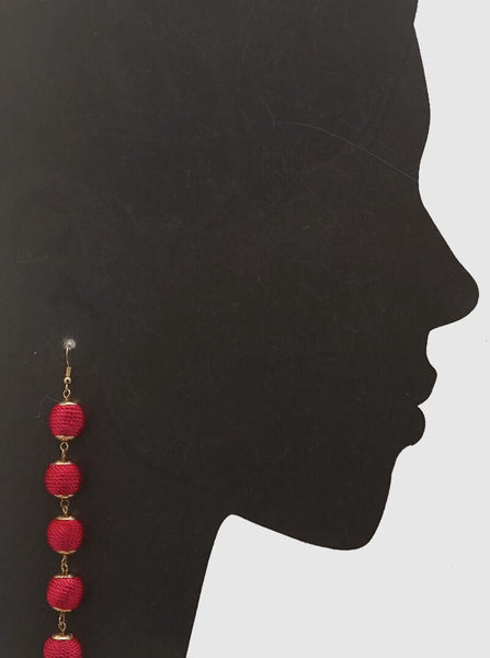 Thread Ball Earrings Long 5" Droplet 5 Tier Spring Summer Thin Long Gold Pink - PalmTreeSky