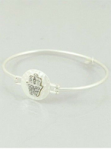 Evil Eye Bracelet Hamsa Hand Bangle Hammered Metal Pave MATTE SILVER Jewelry - PalmTreeSky