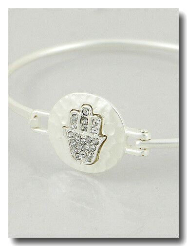 Evil Eye Bracelet Hamsa Hand Bangle Hammered Metal Pave MATTE SILVER Jewelry - PalmTreeSky