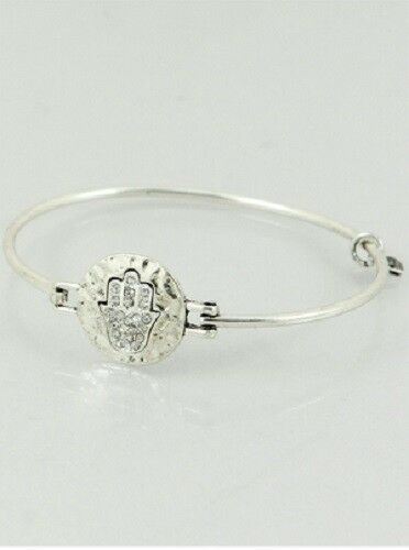 Evil Eye Bracelet Hamsa Hand Bangle Hammered Metal Pave MATTE SILVER Jewelry - PalmTreeSky