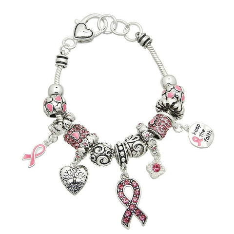 Pink Ribbon Bracelet Multi Sliding Bead Keep the Faith Quote Tree SILVER Aware - PalmTreeSky
