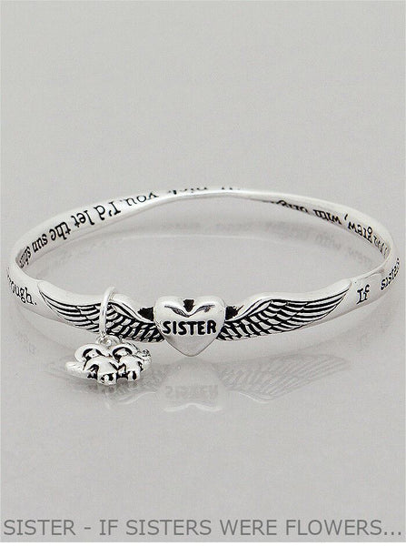 Sister Bracelet Angel Wings SILVER Charm Flowers Inspirational Message Jewelry - PalmTreeSky