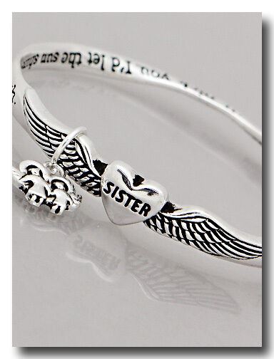 Sister Bracelet Angel Wings SILVER Charm Flowers Inspirational Message Jewelry - PalmTreeSky