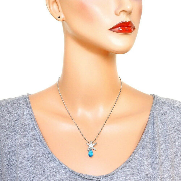 Starfish Necklace Rhinestone Crystal Teardrop Sea Life Beach SILVER TURQUOISE - PalmTreeSky