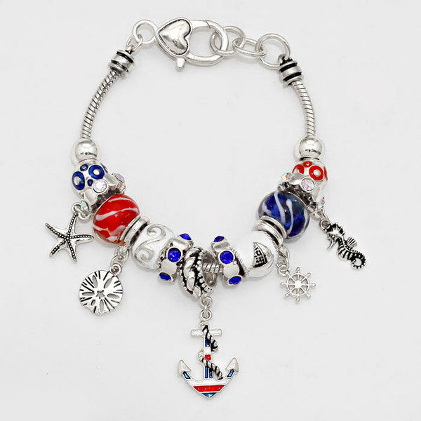 Anchor Bracelet Charm Bracelet Sea Horse SILVER BLUE Sand Dollar Starfish Helm - PalmTreeSky