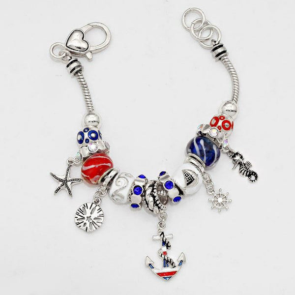 Anchor Bracelet Charm Bracelet Sea Horse SILVER BLUE Sand Dollar Starfish Helm - PalmTreeSky