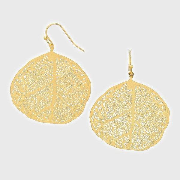 Filigree Earrings Round Leaf Metal Textured Cutout GOLD 2 1/2" Drop Lightweight - PalmTreeSky