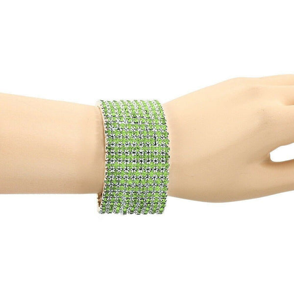 Rhinestone Bracelet Stretch Bangle 9 Row Crystal Pave Evening Event Dress LT GRN - PalmTreeSky