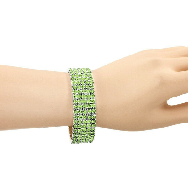 Rhinestone Bracelet Stretch Bangle 5 Row Crystal Pave Evening Event Dress LT GRN - PalmTreeSky