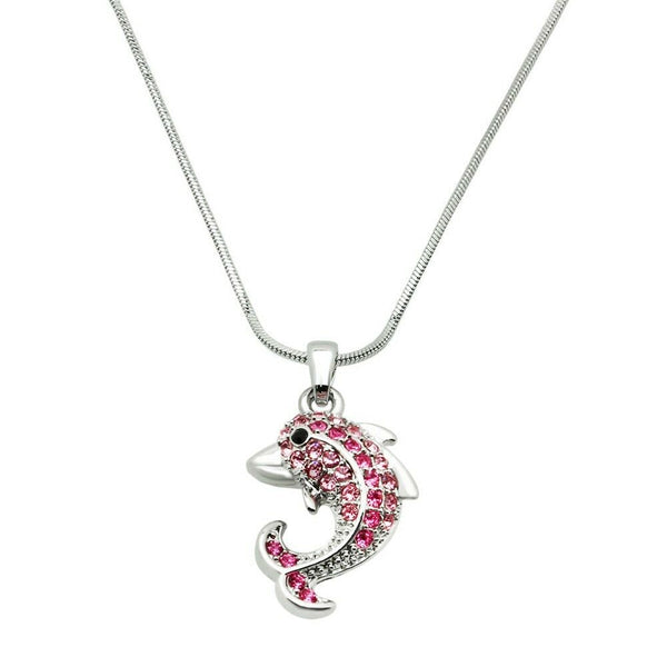 Dolphin Necklace Crystal Rhinestones Silver Pink Sea Life Gift Jewelry Party - PalmTreeSky