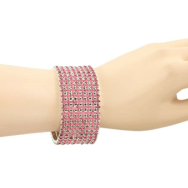 Rhinestone Bracelet Stretch Bangle 8 Row Crystal Pave Evening Event Dress PINK - PalmTreeSky