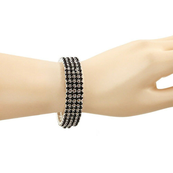 Rhinestone Bracelet Stretch Bangle 4 Row Crystal Pave Evening Event Dress BLACK - PalmTreeSky