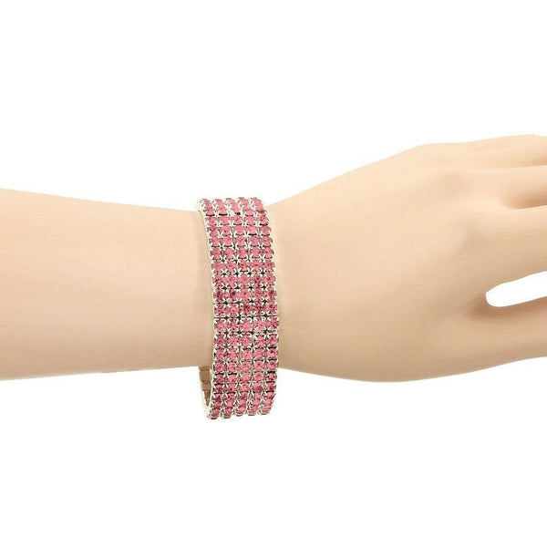 Rhinestone Bracelet Stretch Bangle 5 Row Crystal Pave Evening Event Dress PINK - PalmTreeSky