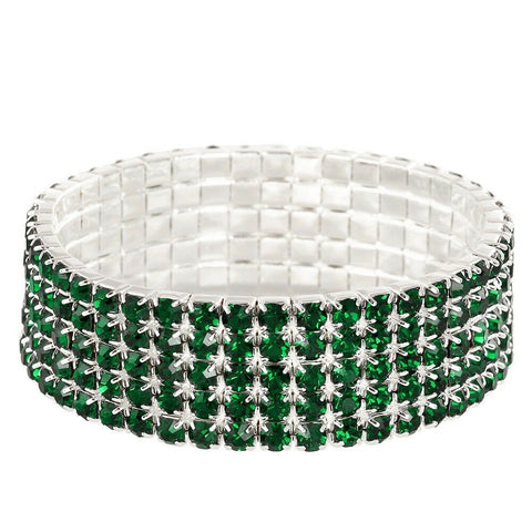 Rhinestone Bracelet Stretch Bangle 5 Row Crystal Pave Evening Event Dress DK GRN - PalmTreeSky