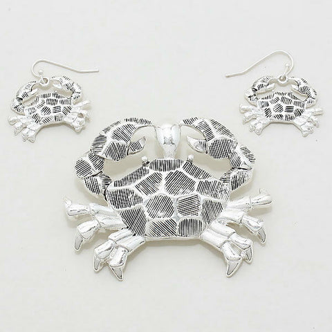 Crab Pendant Earrings SET Textured Etched Metal SILVER Sea Life Beach Jewelry - PalmTreeSky