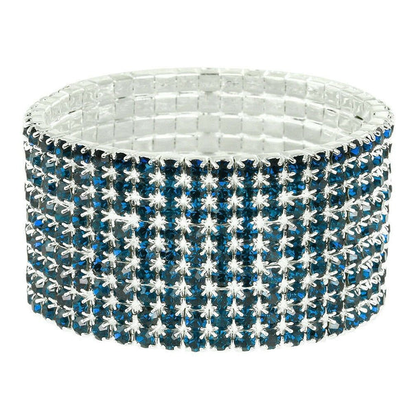 Rhinestone Bracelet Stretch Bangle 9 Row Crystal Pave Evening Event Dress BLUE - PalmTreeSky