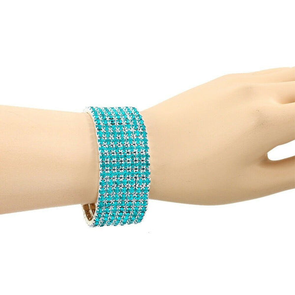 Rhinestone Bracelet Stretch Bangle 7 Row Crystal Pave Evening Event Dress AQUA - PalmTreeSky