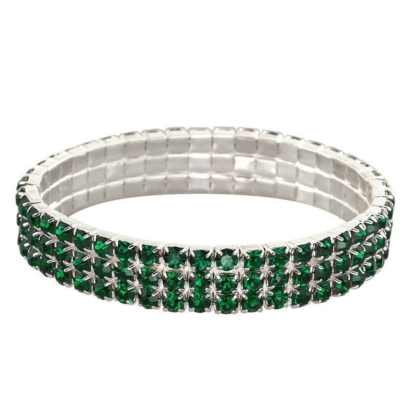 Rhinestone Bracelet Stretch Bangle 3 Row Crystal Pave Evening Event Dress DK GRN - PalmTreeSky