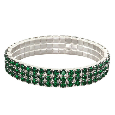 Rhinestone Bracelet Stretch Bangle 3 Row Crystal Pave Evening Event Dress DK GRN - PalmTreeSky