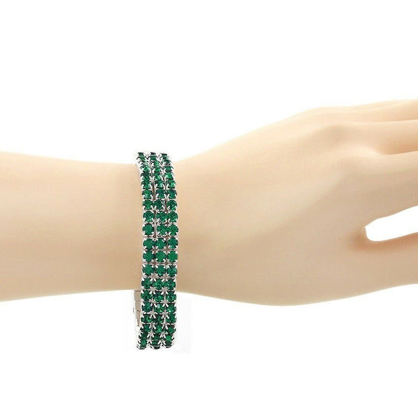 Rhinestone Bracelet Stretch Bangle 3 Row Crystal Pave Evening Event Dress DK GRN - PalmTreeSky