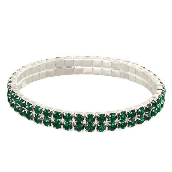Rhinestone Bracelet Stretch Bangle 2 Row Crystal Pave Evening Event Dress DK GRN - PalmTreeSky