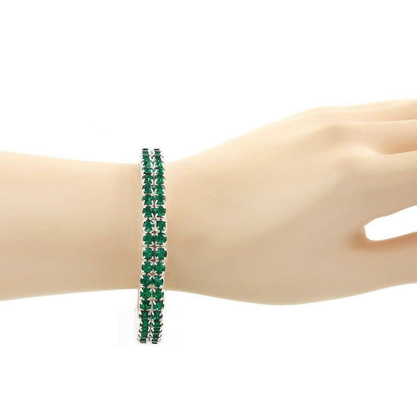 Rhinestone Bracelet Stretch Bangle 2 Row Crystal Pave Evening Event Dress DK GRN - PalmTreeSky
