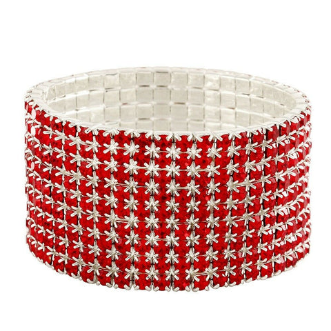 Rhinestone Bracelet Stretch Bangle 9 Row Crystal Pave Evening Event Dress RED - PalmTreeSky
