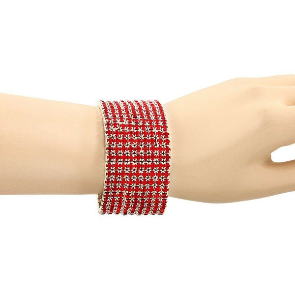 Rhinestone Bracelet Stretch Bangle 9 Row Crystal Pave Evening Event Dress RED - PalmTreeSky