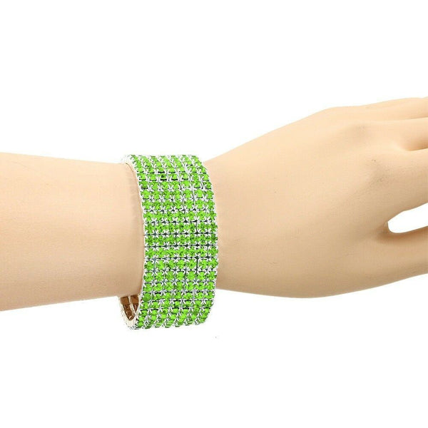 Rhinestone Bracelet Stretch Bangle 7 Row Crystal Pave Evening Event Dress LT GRN - PalmTreeSky