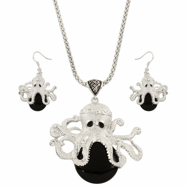 Octopus Necklace Set Chunky Statement Textured Metal Black Stone Silver Sea Life - PalmTreeSky