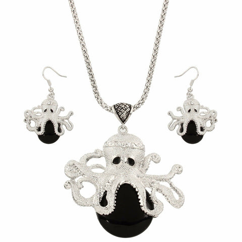Octopus Necklace Set Chunky Statement Textured Metal Black Stone Silver Sea Life - PalmTreeSky